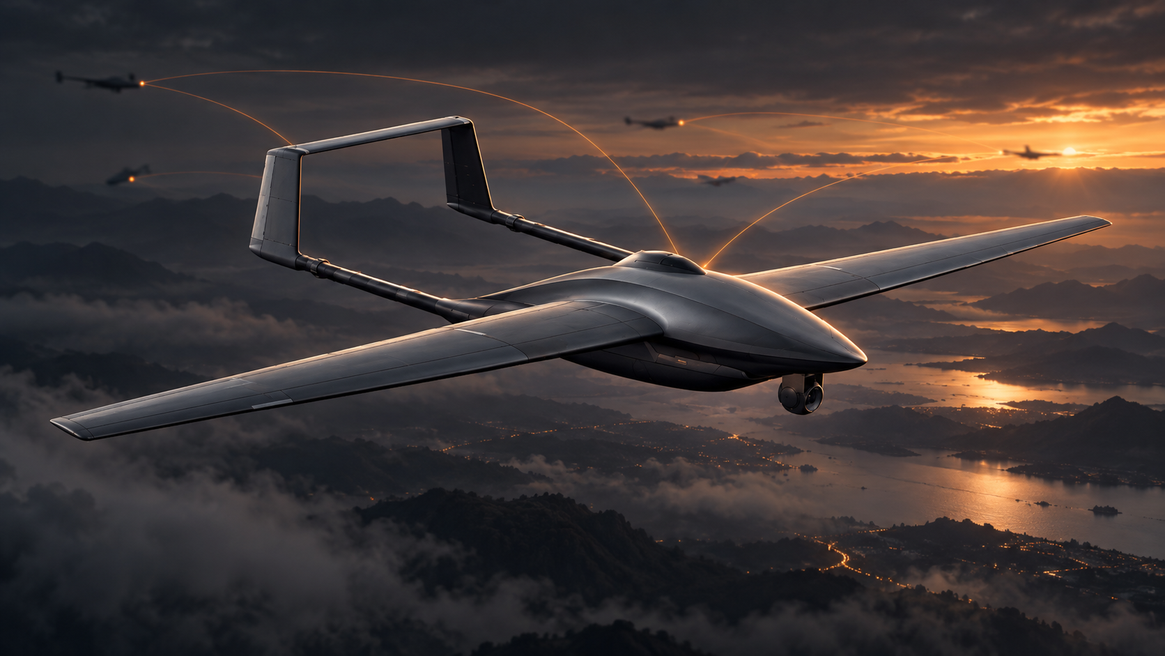Concept illustration of the ORKID 260 coordinating with distant aerial platforms whose designs remain obscured